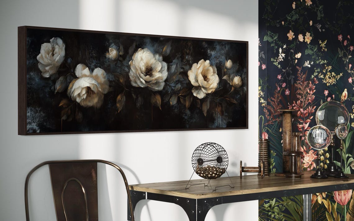 Moody Botanical Art Print Dark Floral Panoramic Wall Art For Above Couch And Bed Decor In Elegant Neutral Tones - Image 4