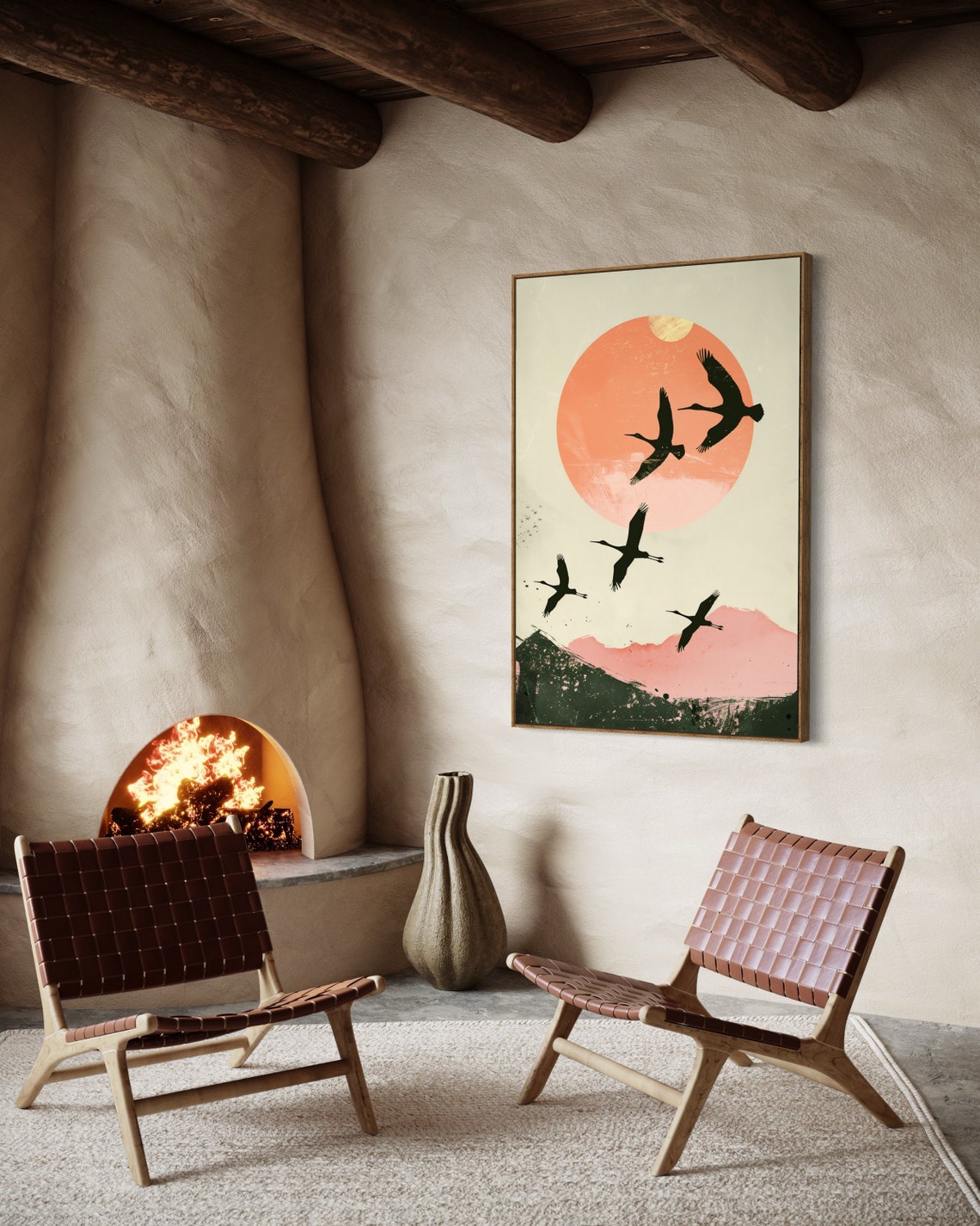 Japanese Cranes Flying Over Red Sun Minimalist Oriental Art Print - Image 4