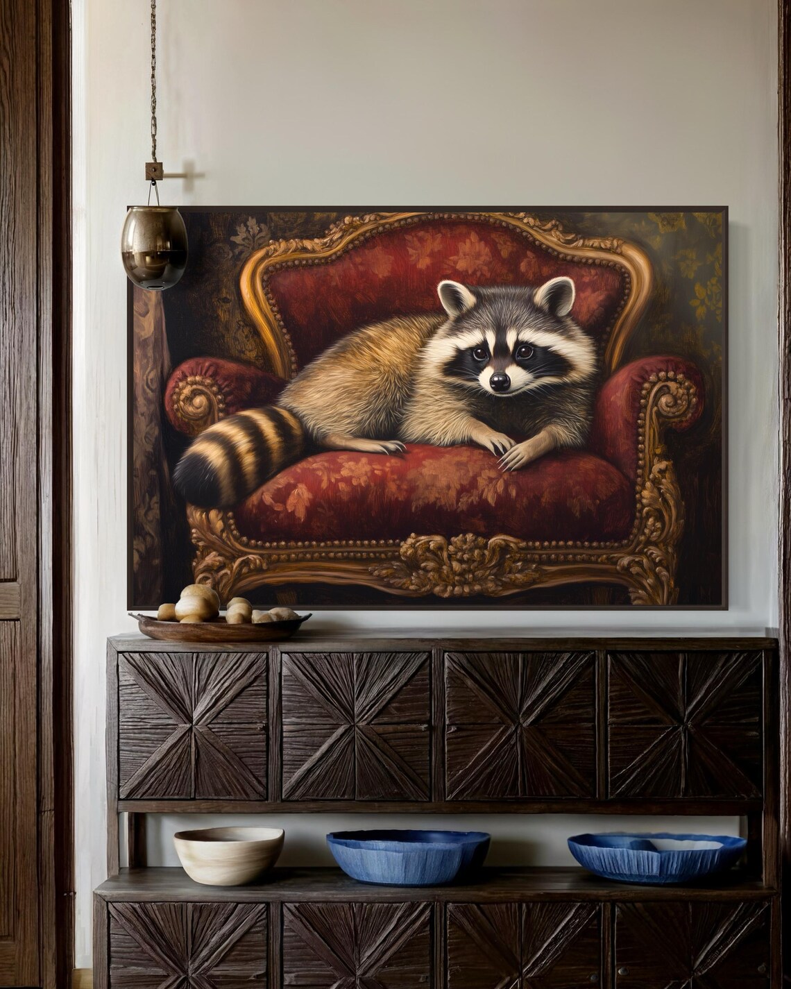 Whimsical Raccoon Lounging Red Baroque Velvet Chair Cute Animal Wall Poster - Image 3
