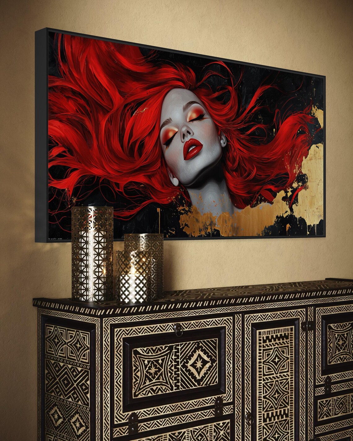 Flowing Red Hair Woman Portrait Gold Black Glamorous Beauty Art Poster - Image 4