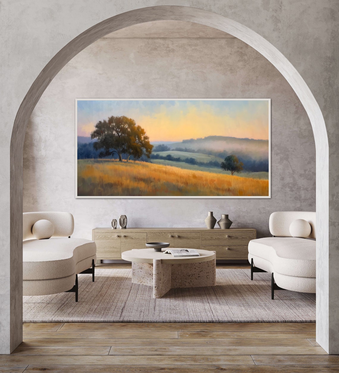 Misty Meadow Dawn Golden Grass Oak Tree Pastoral Panoramic Poster - Image 2