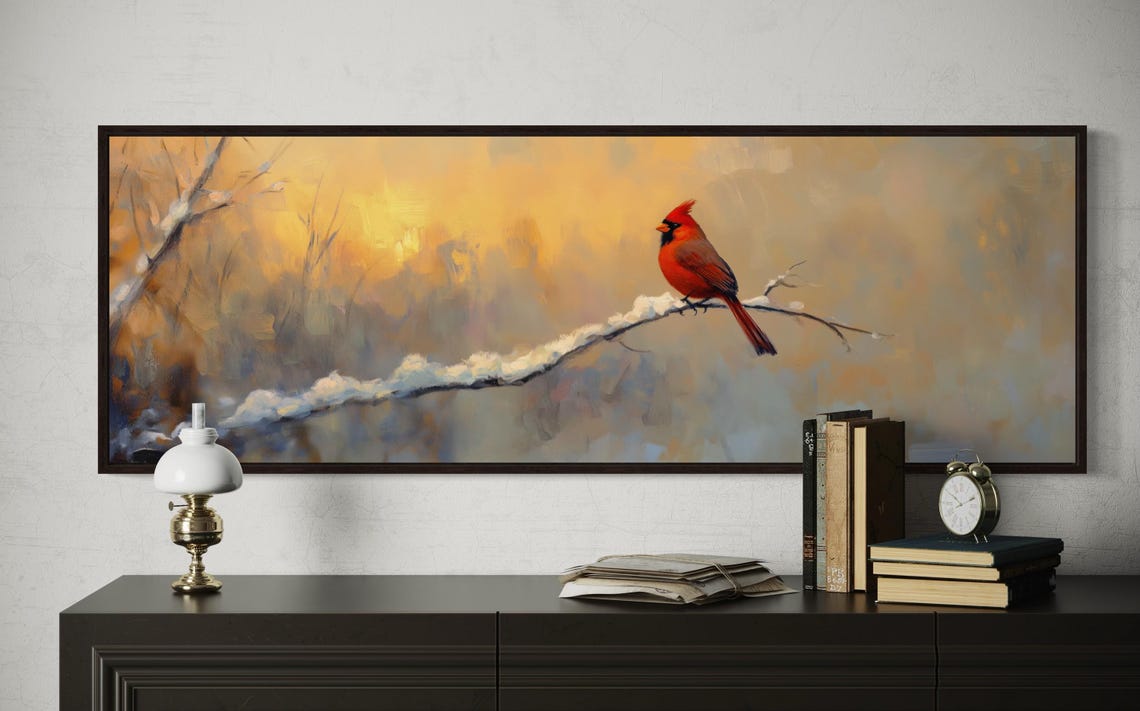 Moody Cardinal Art On Snowy Branch Panoramic Print For Rustic Wall Decor Perfect Winter Landscape Accent - Image 4
