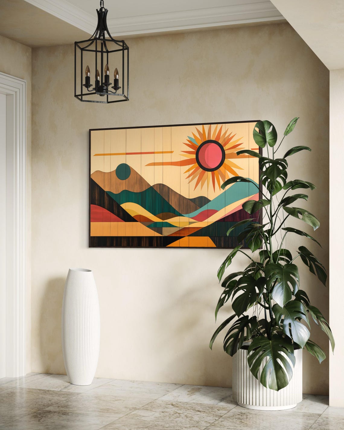 Mid Century Modern Sunburst Desert Mountains Geometric Wall Art Print - Image 4