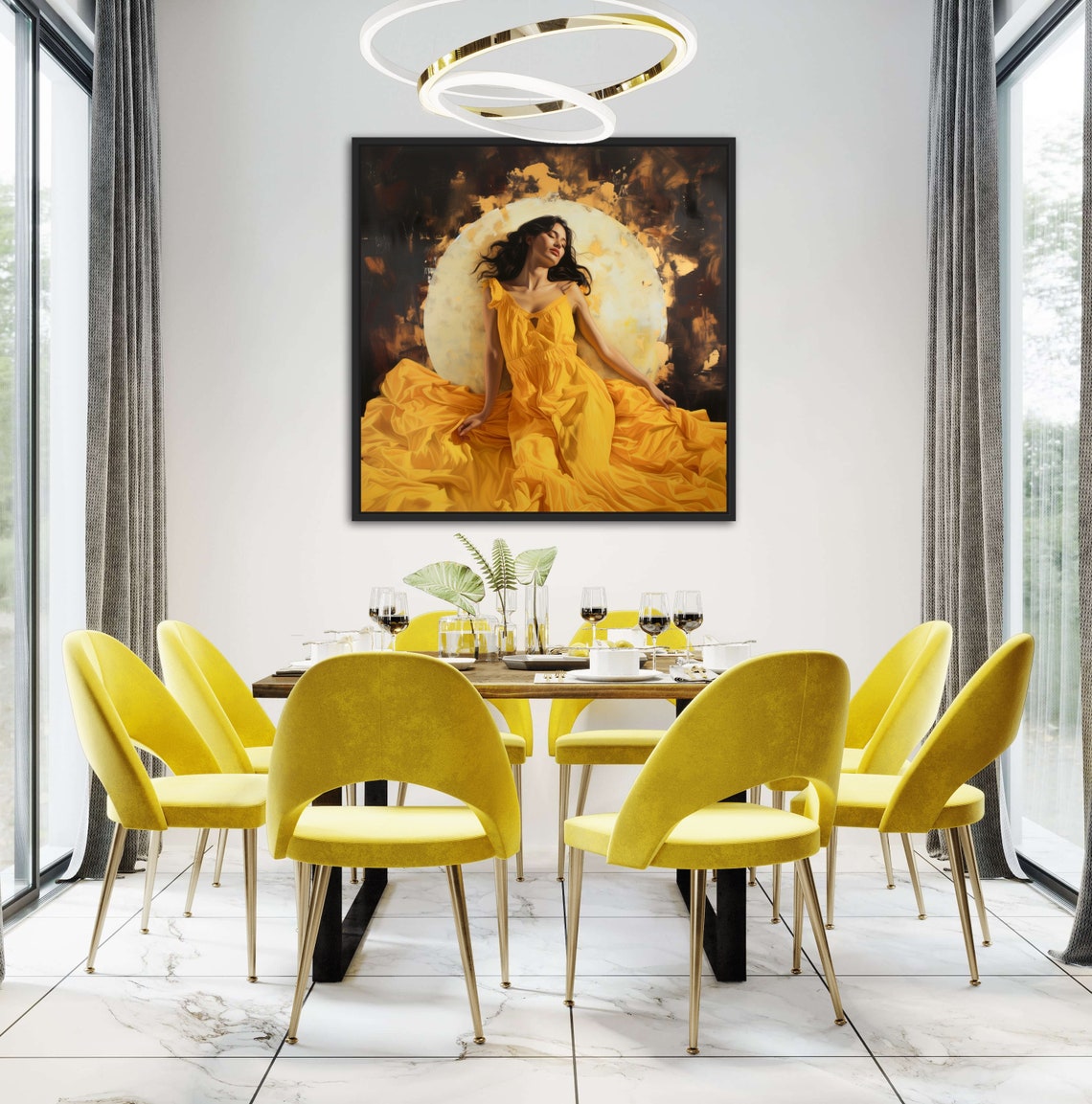 Ethereal Lady In Yellow Dress Against Glowing Full Moon Art Poster - Image 2
