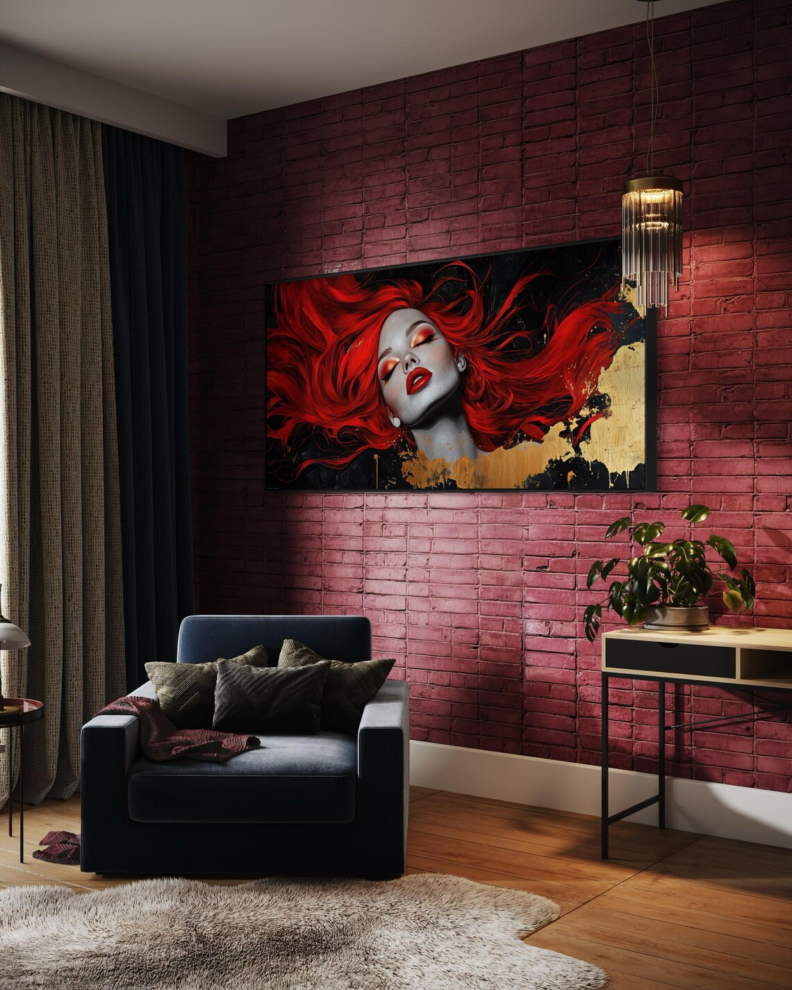 Flowing Red Hair Woman Portrait Gold Black Glamorous Beauty Art Poster - Image 2
