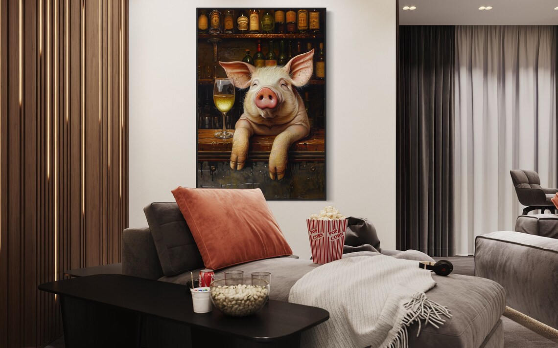 Whimsical Pig Art Print, Wine Bar Decor Piece - Image 4