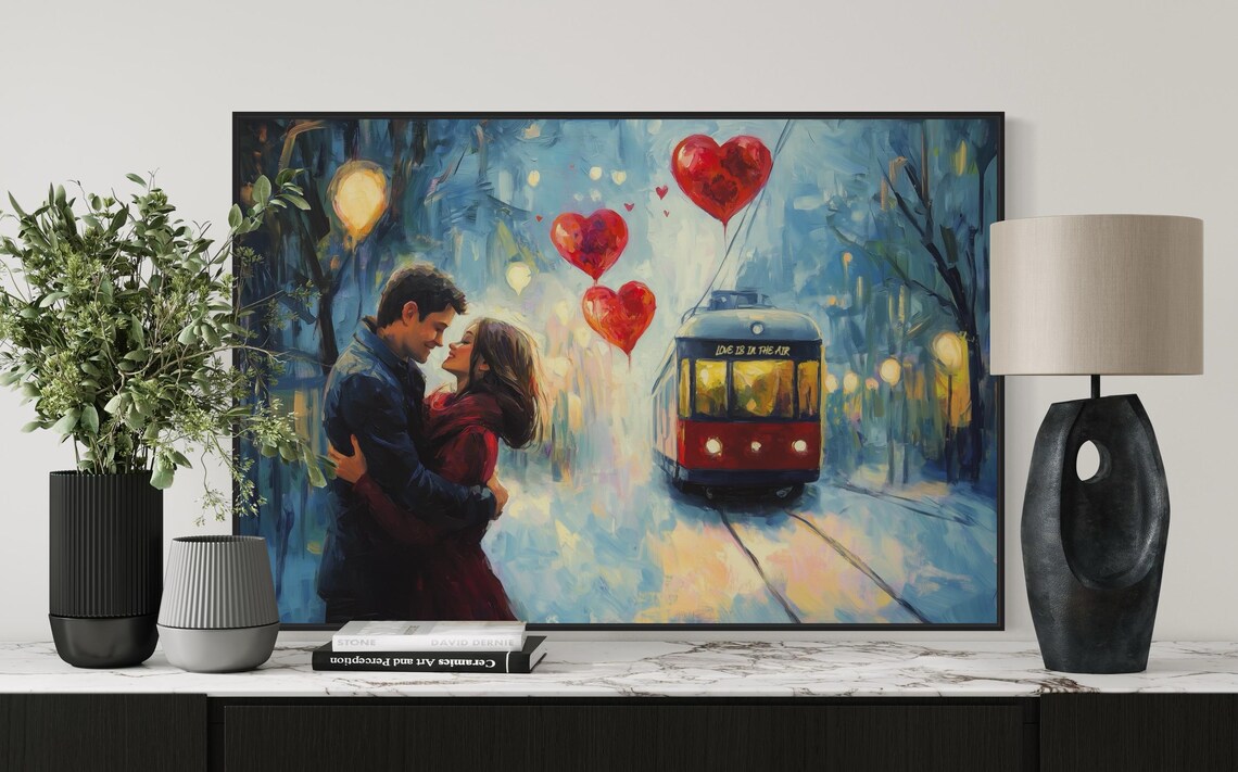 Romantic Couple Heart Balloons Snowy City Tram Night Love Art Poster