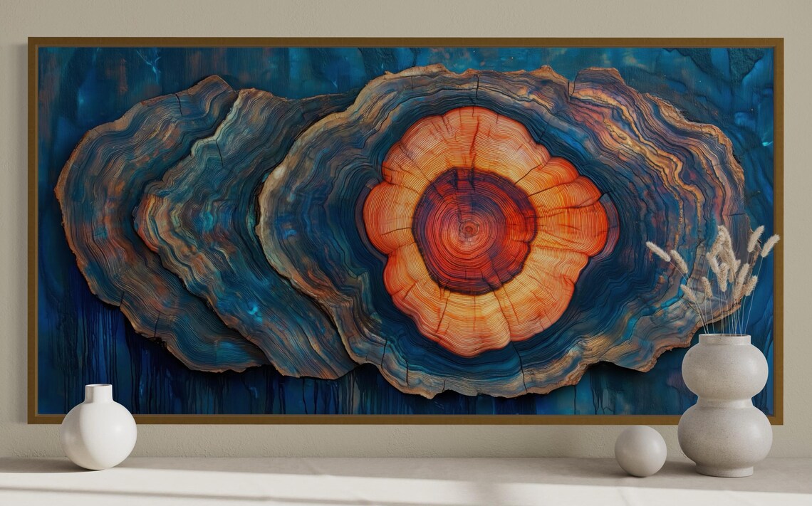 Old Tree Trunk Vibrant Wood Slice With Blue Orange Tones Abstract Nature Print For Rustic Modern Decor Perfect Above Bed - Image 4