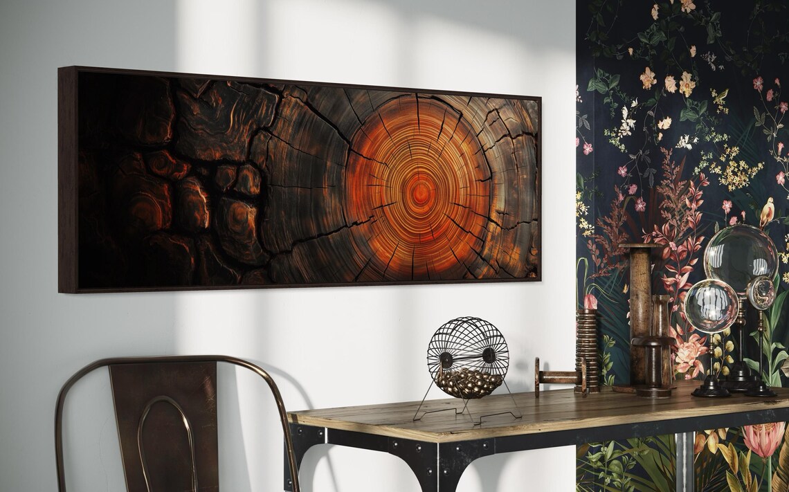 Earthy Tree Ring Panoramic Wall Art Abstract Nature Inspired Print For Above Bed Or Couch Decor Wood Texture And Tree Trunk Slice Art - Image 4
