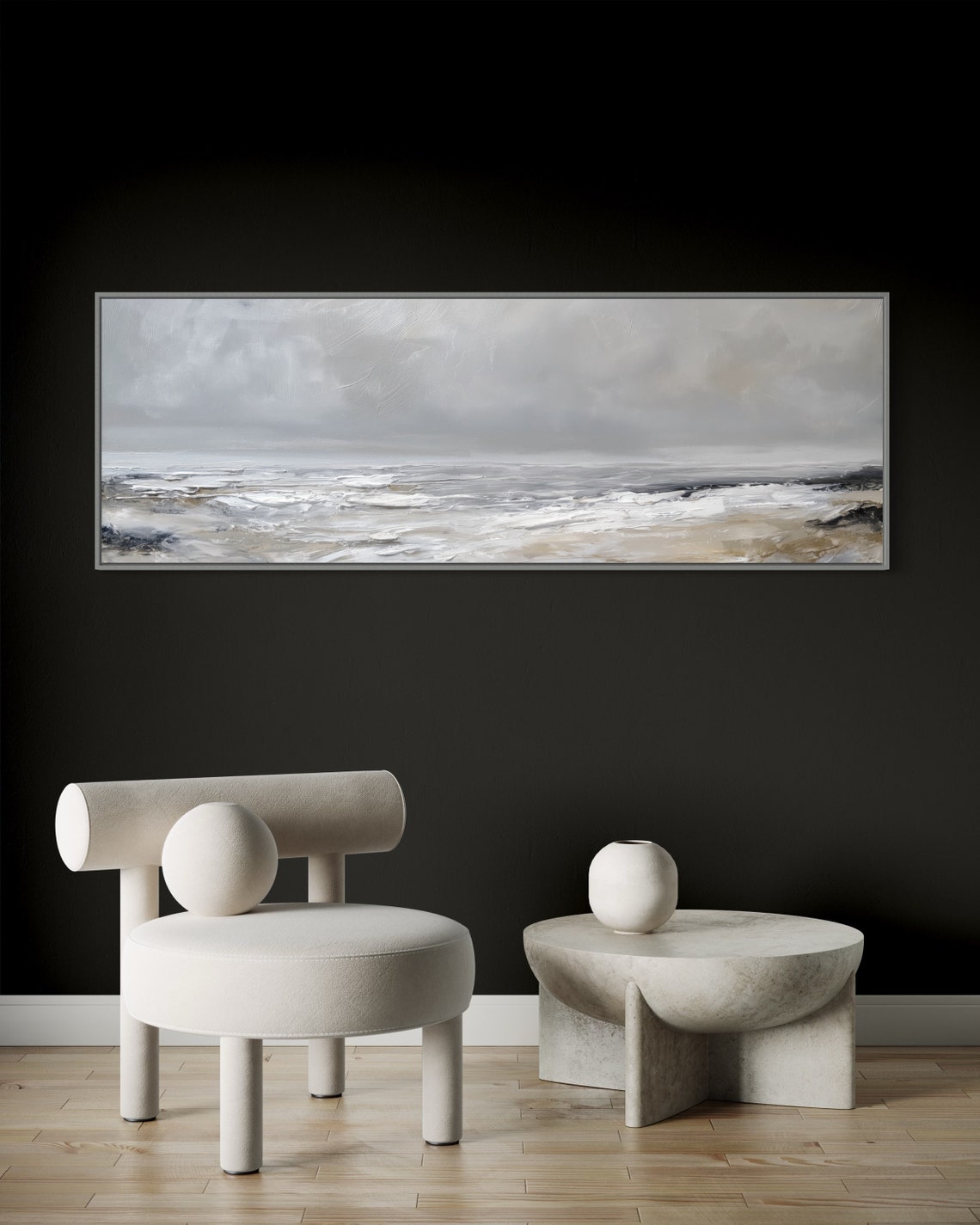 Serene Grey Abstract Ocean Waves Panoramic Seascape Bedroom Poster - Image 3