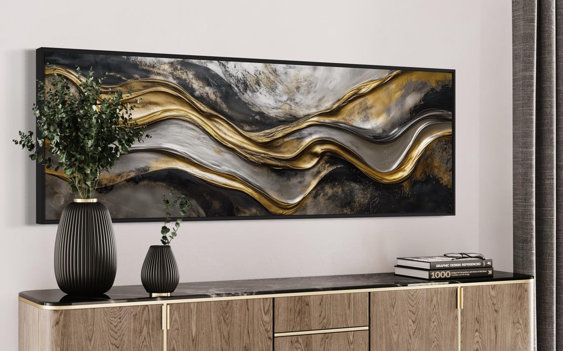 Gold Silver Black Abstract Wave Luxury Panoramic Fluid Wall Poster - Image 4