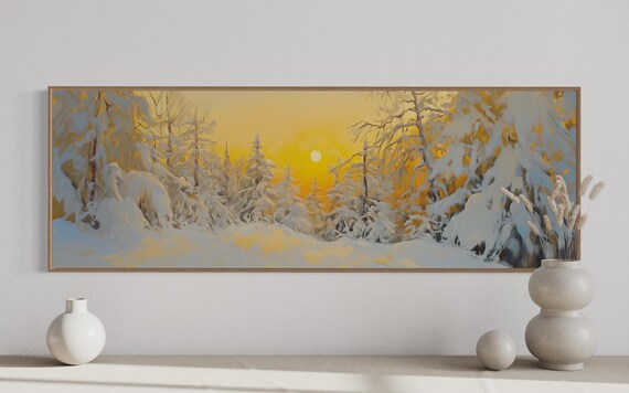 Winter Sunset Wall Art Serene Snow Forest Peaceful Golden Landscape Print Cozy Rustic Seasonal Decor For Living Room