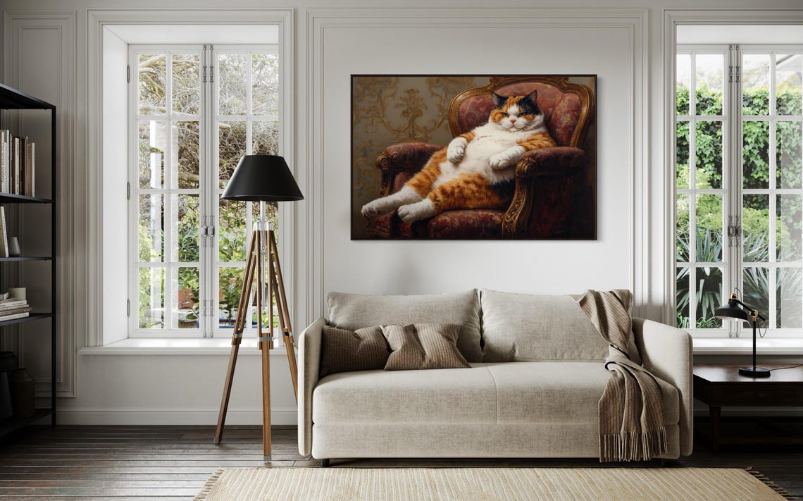 Chubby Calico Cat Lounging Ornate Victorian Chair Funny Pet Art Poster - Image 3