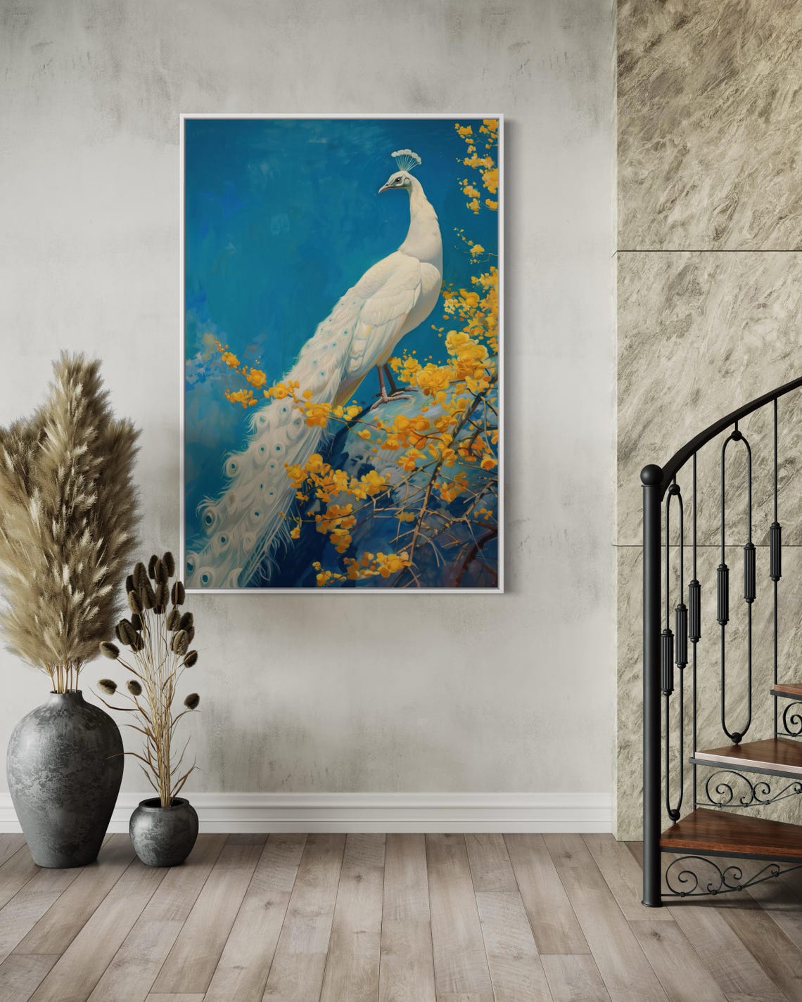 Elegant White Peacock Golden Blossoms Teal Blue Exotic Bird Art Poster - Image 2