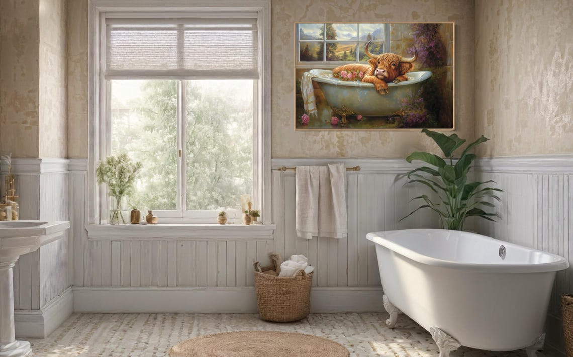 Highland Cow Relaxing In Flower Bathtub Cute Bathroom Wall Art - Image 2
