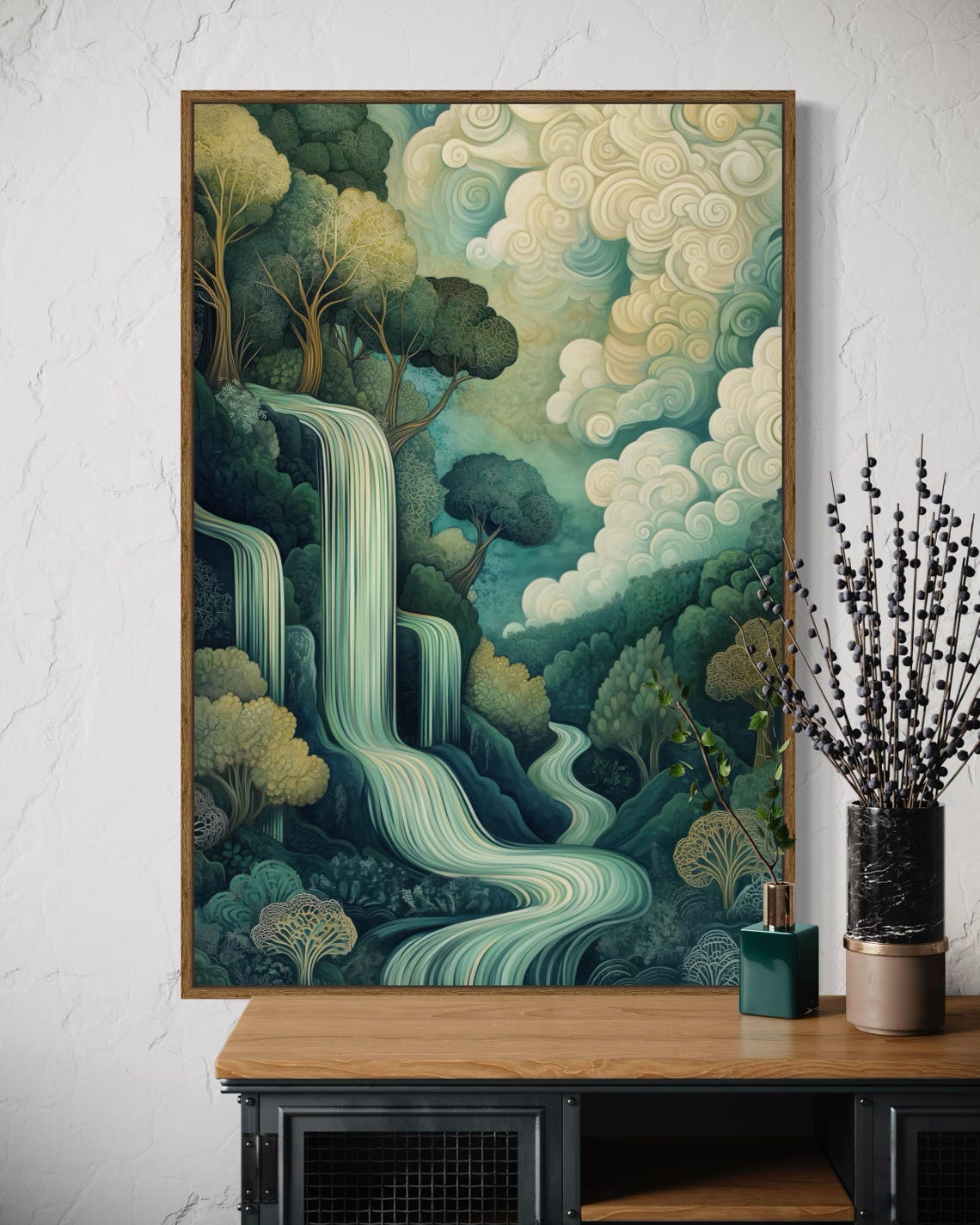 Dreamy Teal Waterfall Enchanted Forest Whimsical Nature Wall Poster - Image 5