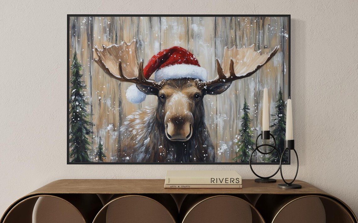 Santa Moose Christmas Art Print, Rustic Holiday Decor