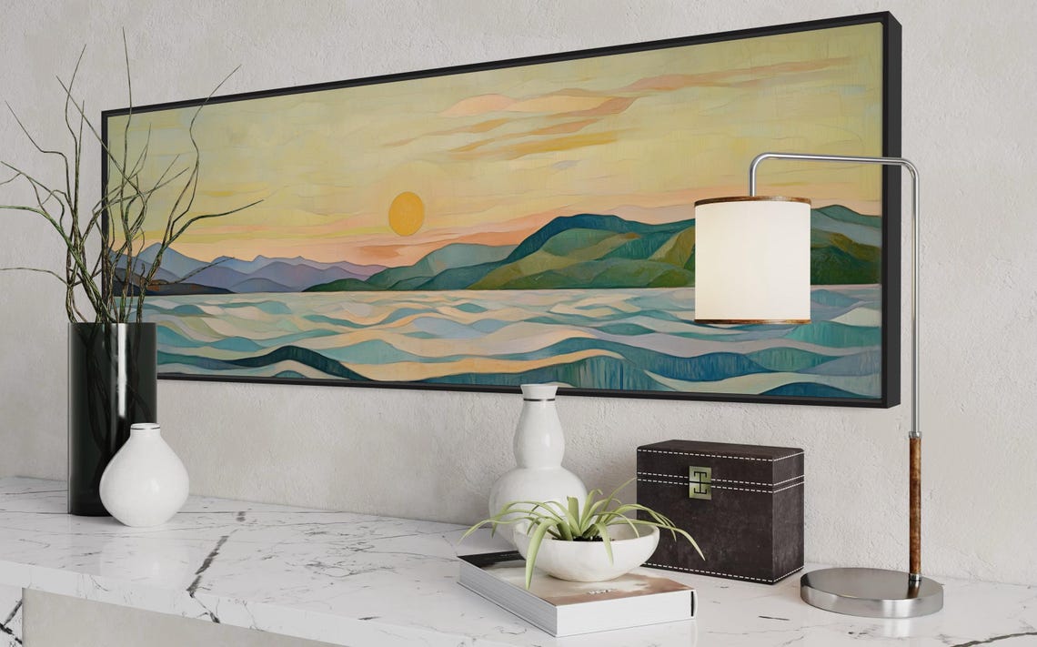 Minimalist Ocean Sunset Waves Pastel Tones Panoramic Serene Wall Print - Image 4