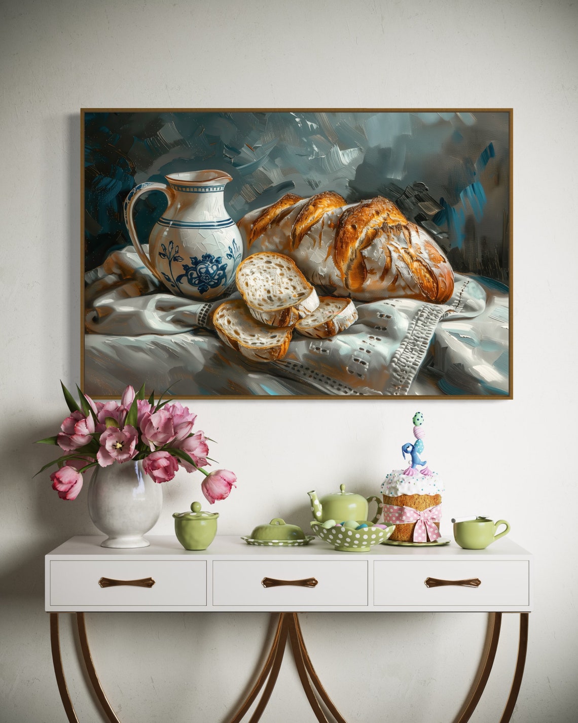 Rustic Bread Loaf Still Life Ceramic Pitcher Cozy Kitchen Wall Art - Image 2