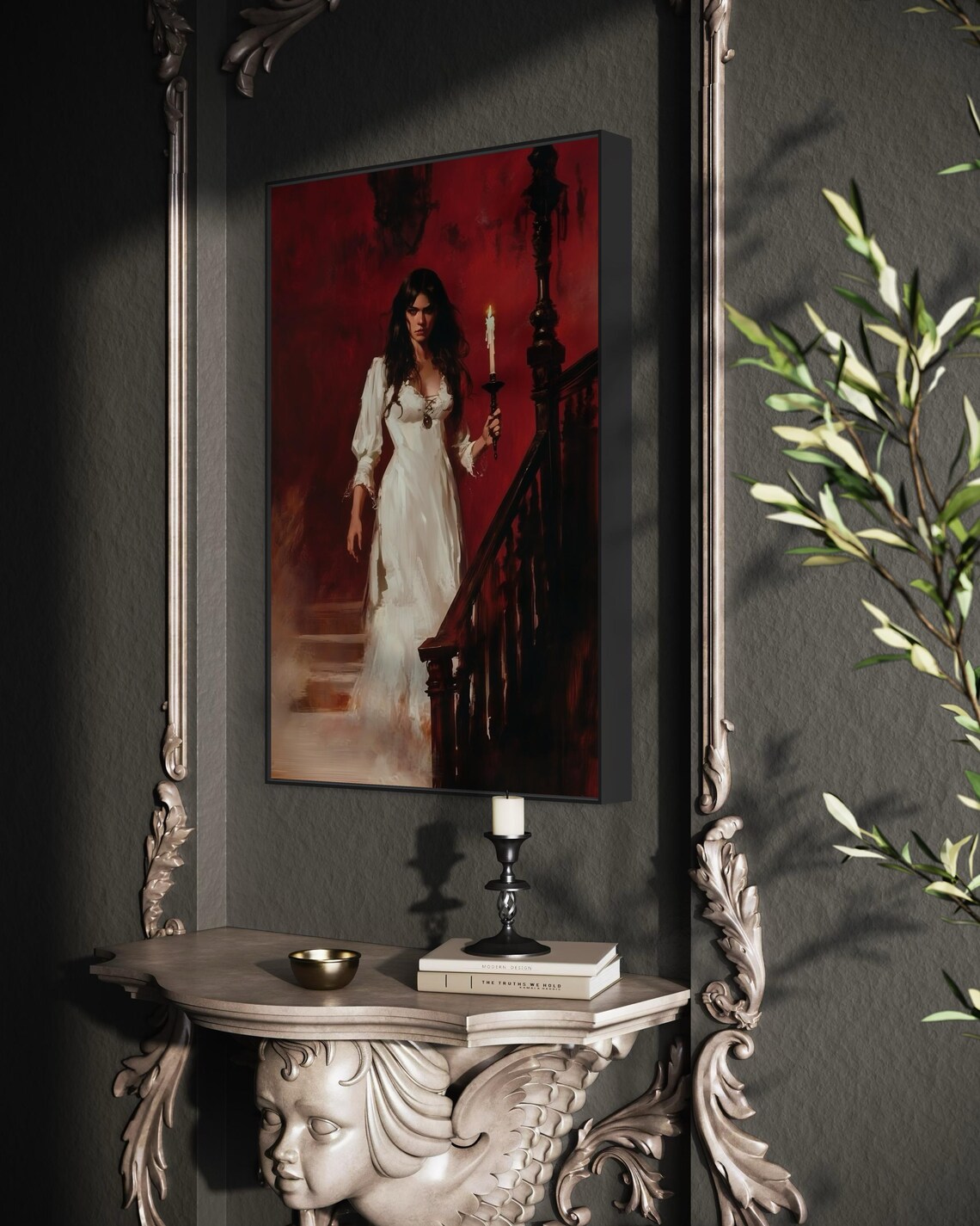 Gothic Candlelit Woman White Dress Red Backdrop Victorian Poster - Image 2