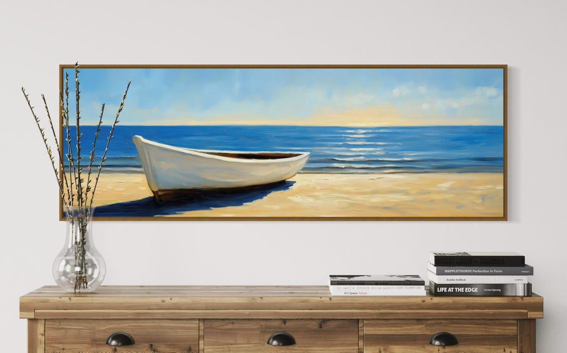 Serene White Rowboat Sandy Beach Blue Ocean Panoramic Travel Poster - Image 5