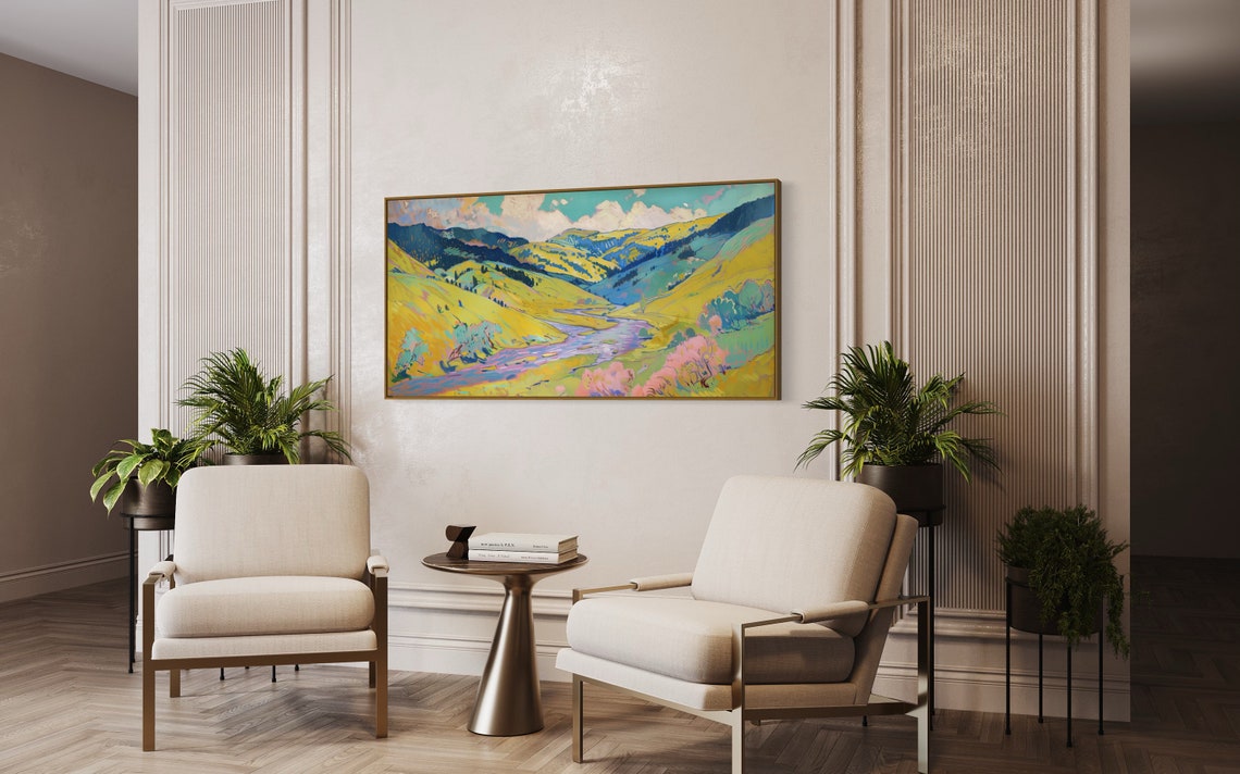 Whimsical Summer Landscape Panoramic Pastoral Landscape Print With Rustic Charm Expressive River Painting Print For Home Decore - Image 4