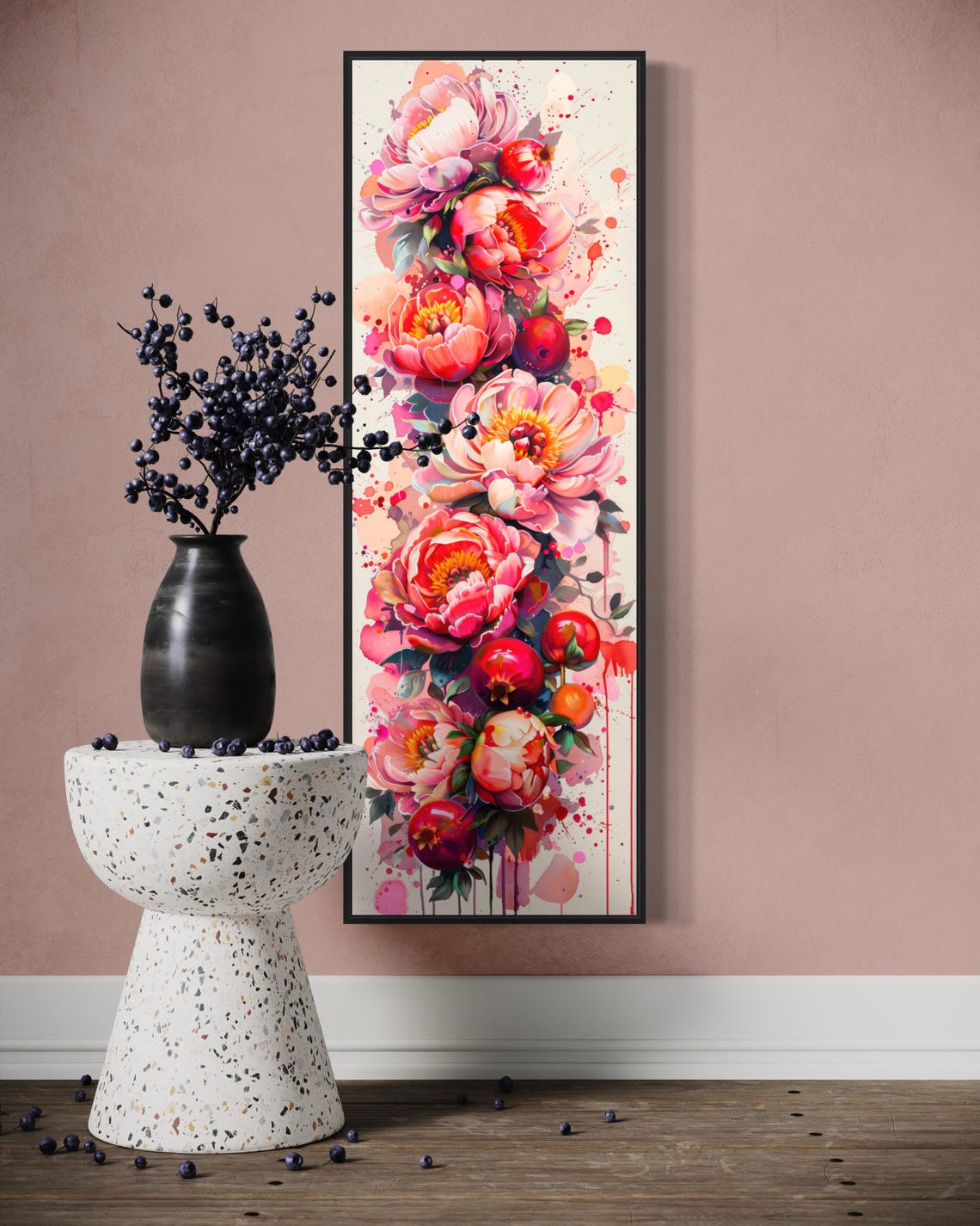 Tall Watercolor Peony Blooms Pomegranate Garden Floral Art Print - Image 4