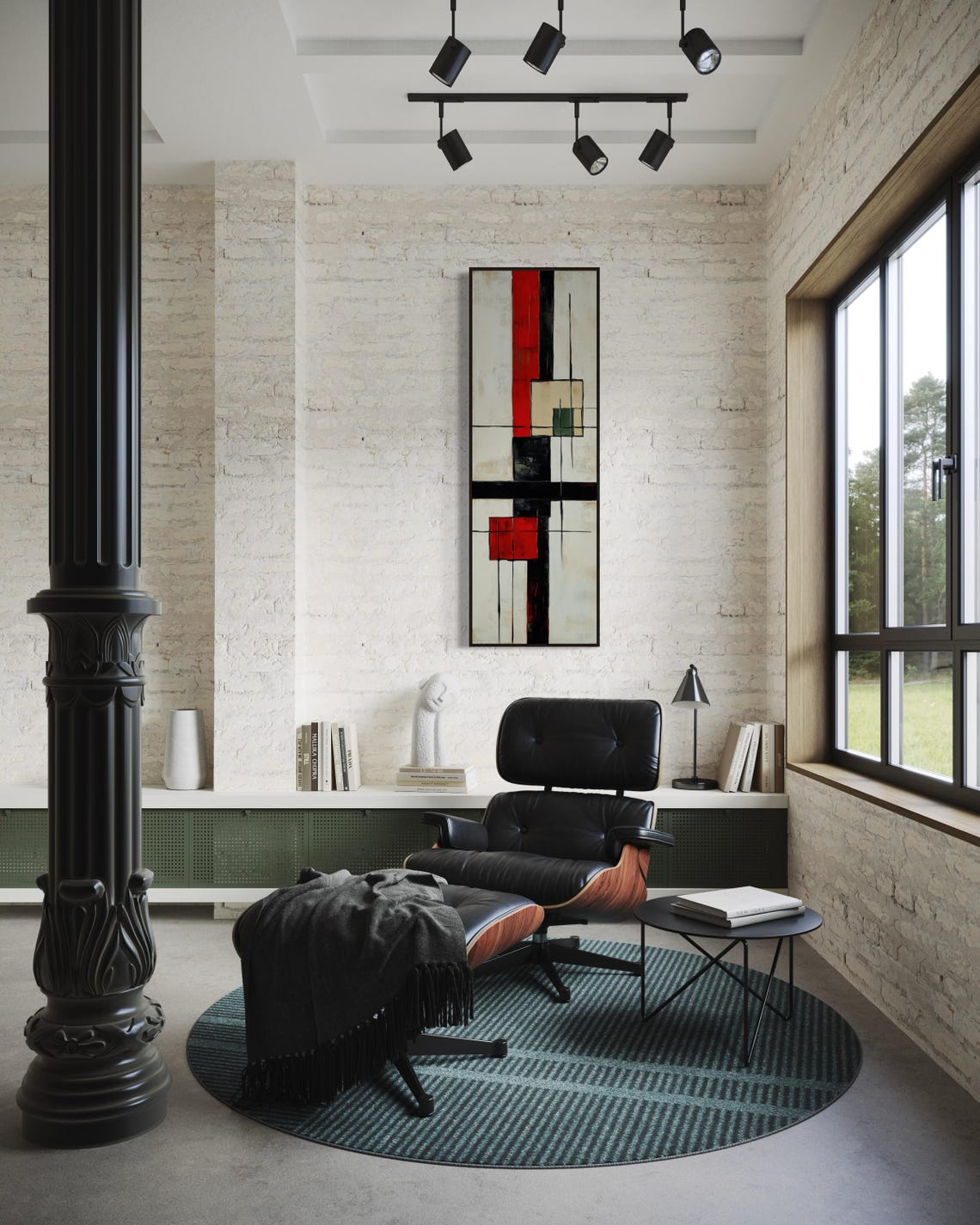 Modern Abstract Wall Art Bold Red And Black With Geometric Lines Minimalist Vertical Design For Trendy Home Or Office Decor - Image 2