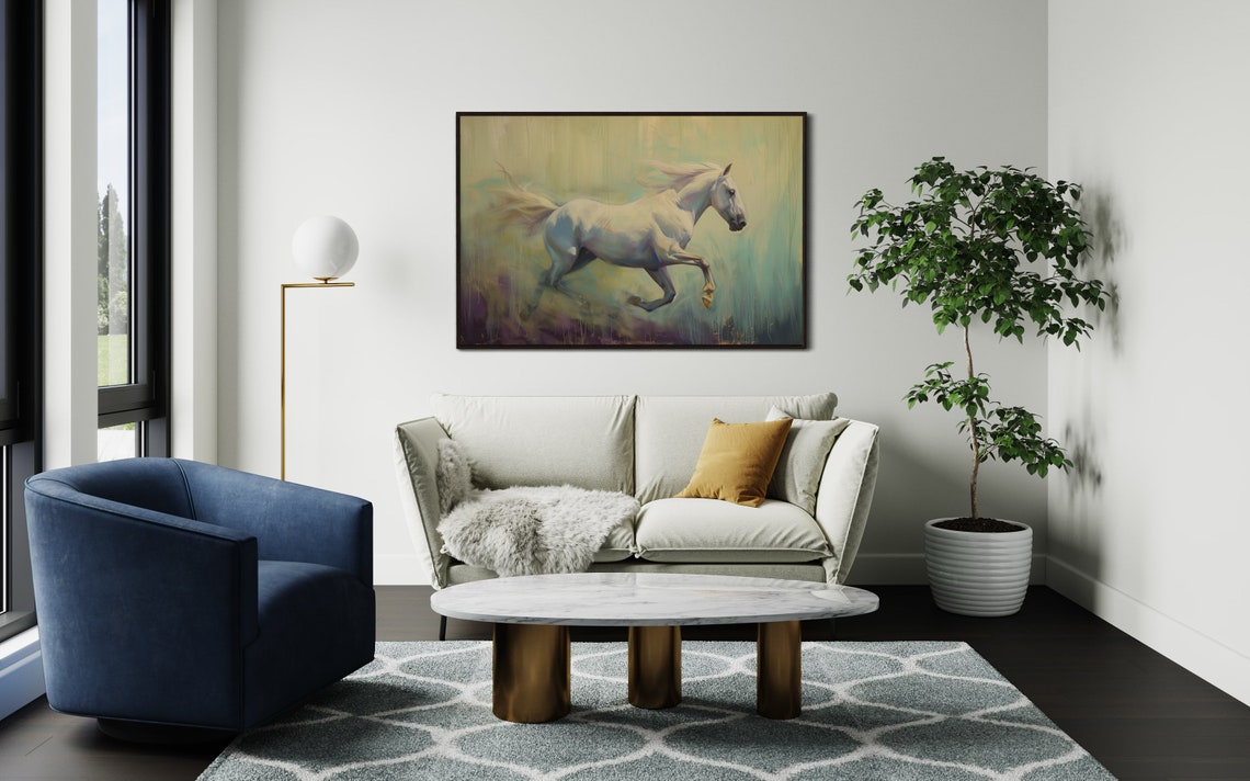 White Horse Galloping Impressionist Pastel Equestrian Art Poster - Image 2