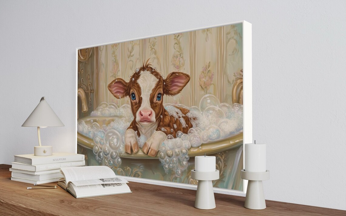 Sweet Baby Calf Bubble Bath Whimsical Farm Animal Nursery Wall Poster - Image 5