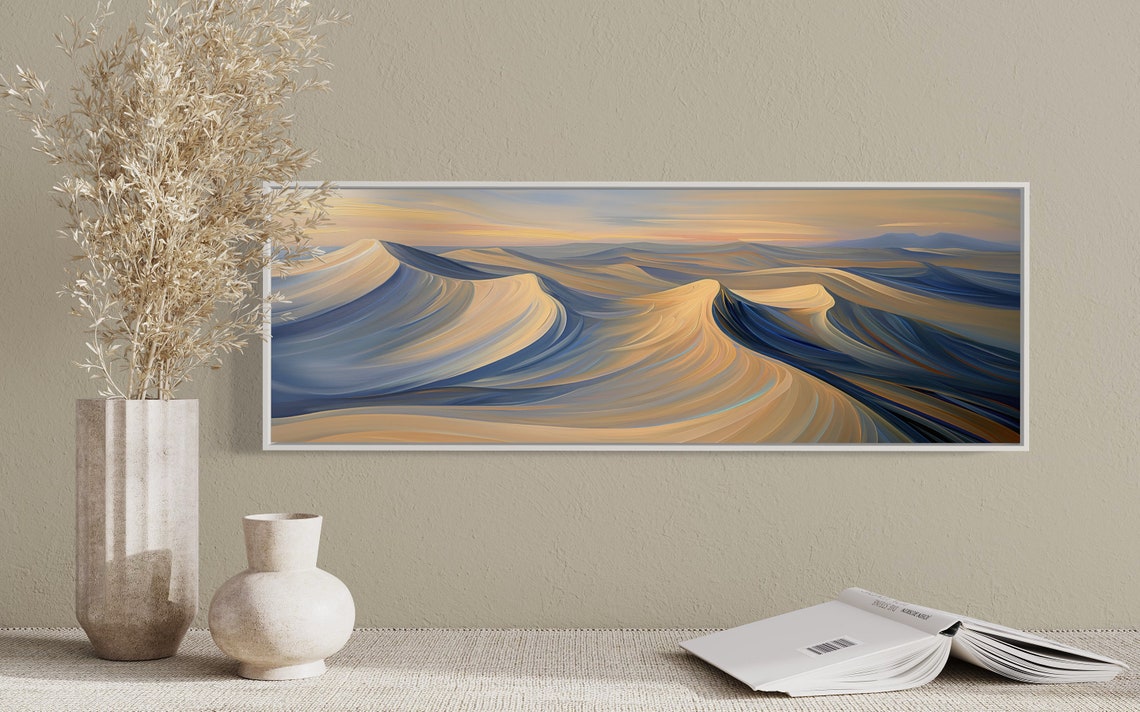 Abstract Desert Sunset Panoramic Sand Dunes Print In Warm Colors Narrow Wall Art For Above Bed Decor And Accent Wall - Image 3