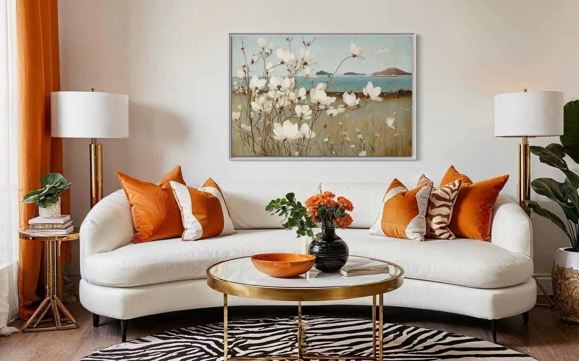 White Magnolia Blossoms Coastal Seascape Teal Water Floral Art Poster - Image 4