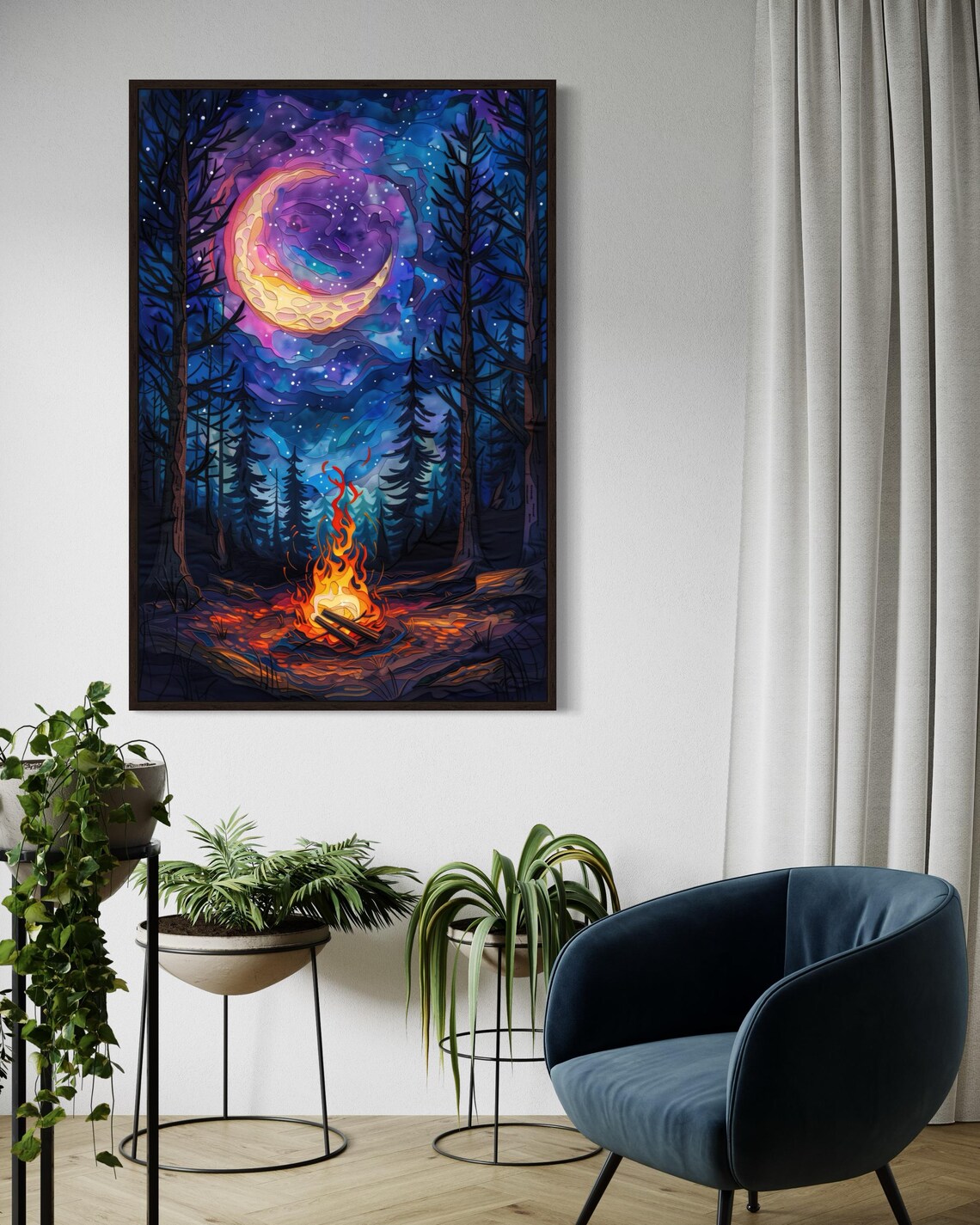 Enchanted Forest Campfire Art Starry Night Poster And Celestial Wilderness Painting Print And Moonlight Print For Home Decor - Image 2