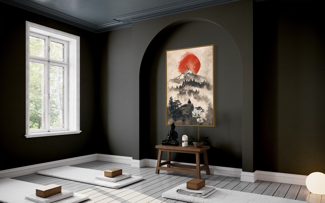 Red Sun Over Misty Mountain Ink Wash Zen Meditation Wall Art - Image 2