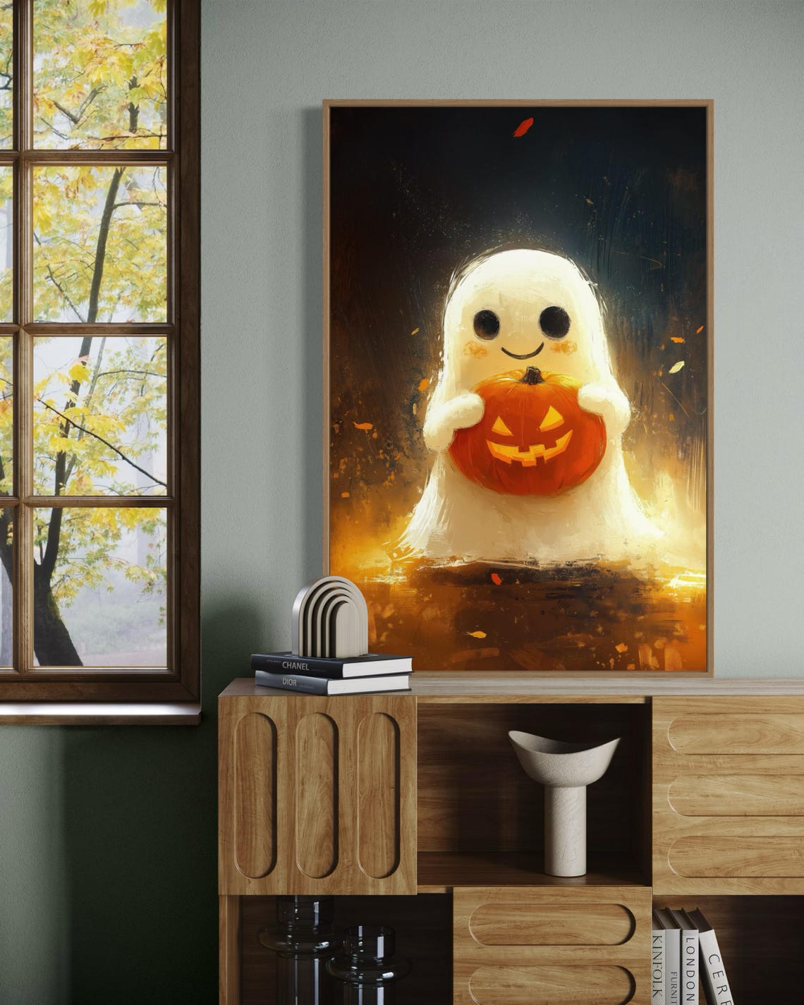 Cute Smiling Ghost Holding Pumpkin Jack O Lantern Halloween Art Print - Image 3