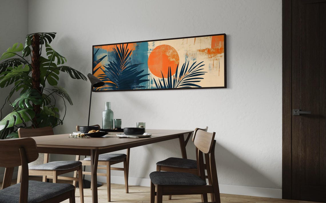 Abstract Palm Leaves Bold Orange Sun Tropical Boho Panoramic Wall Art - Image 2