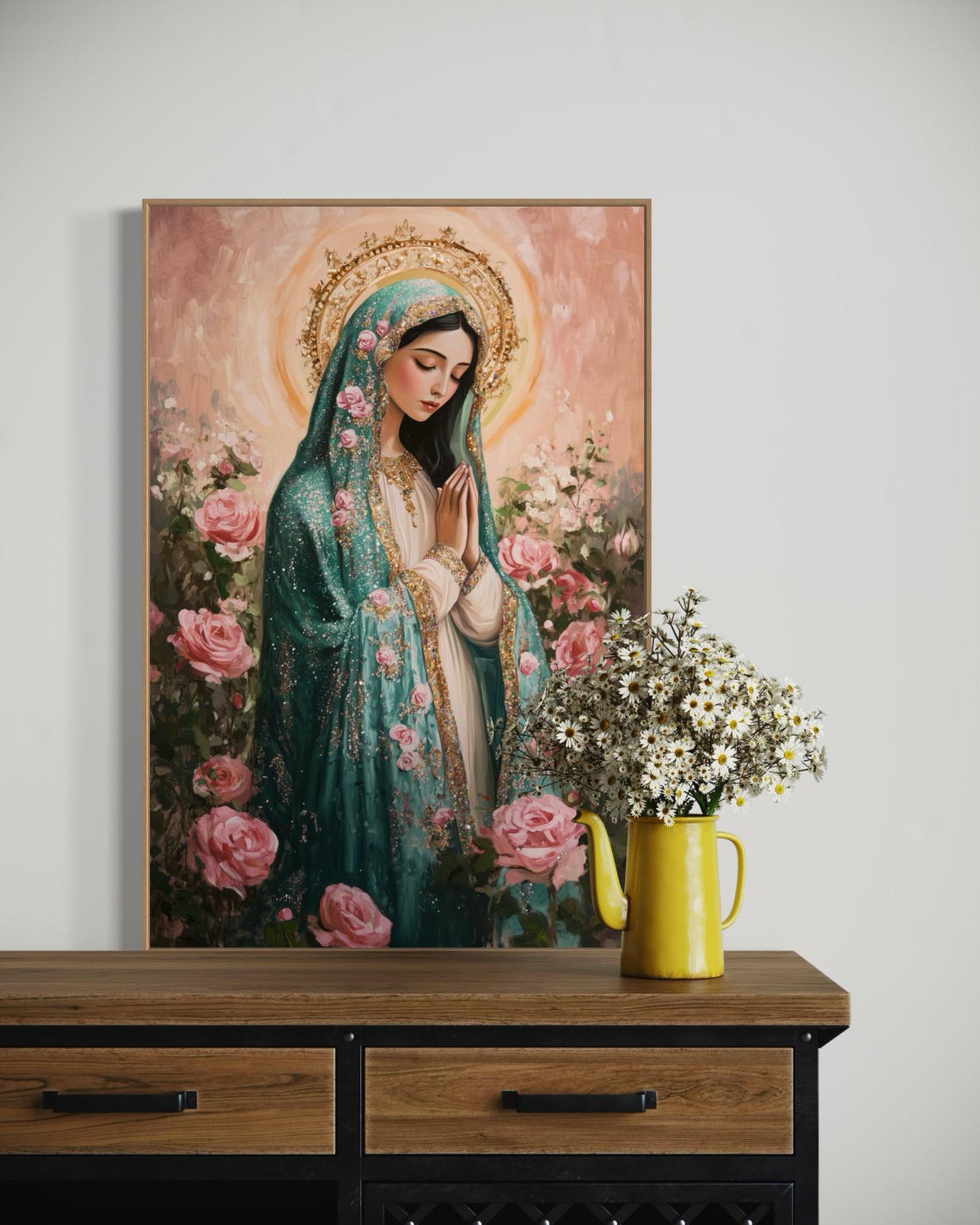 Virgin Mary Catholic Print Gold Halo Roses Faithful Devotional Poster - Image 4