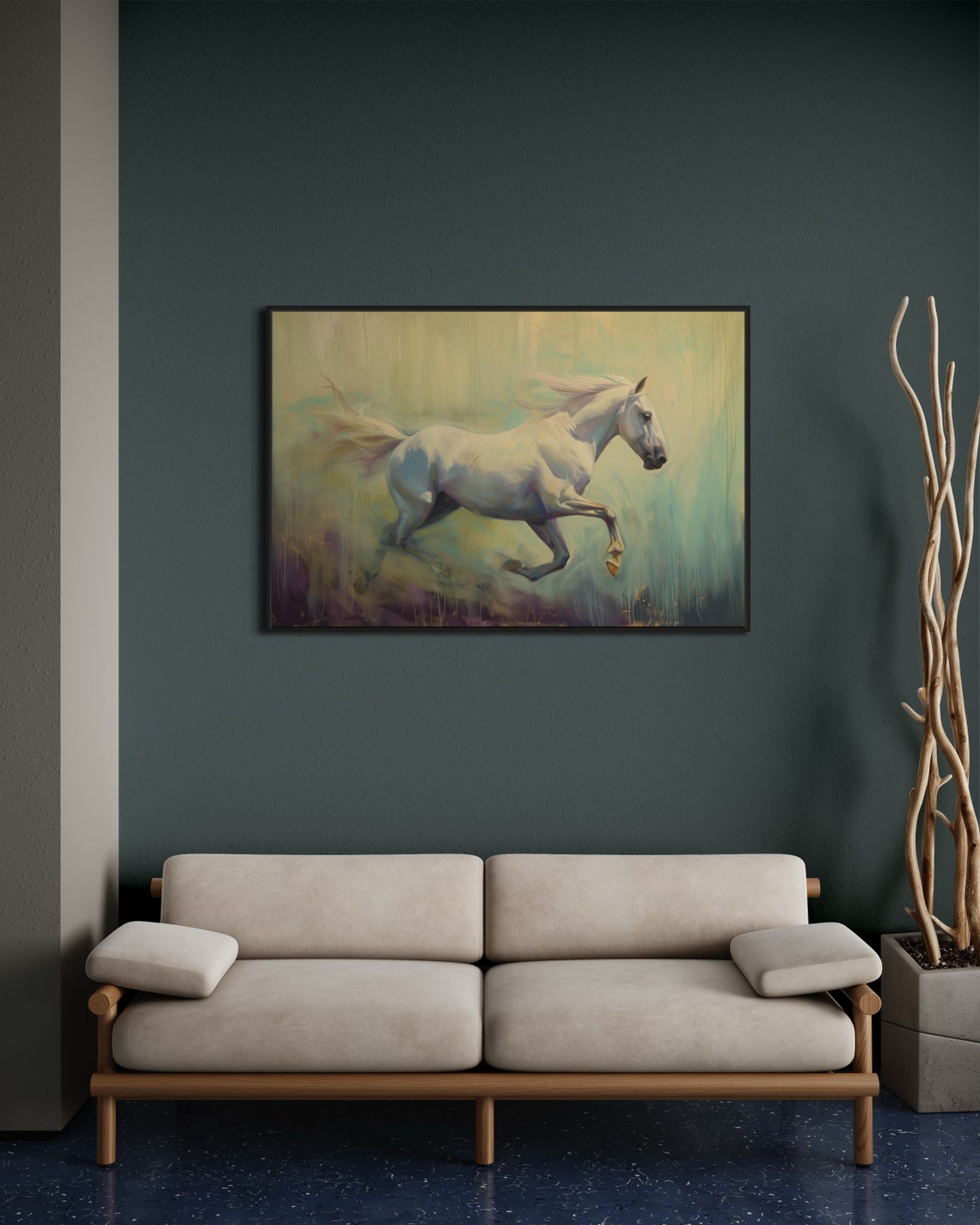 White Horse Galloping Impressionist Pastel Equestrian Art Poster - Image 3