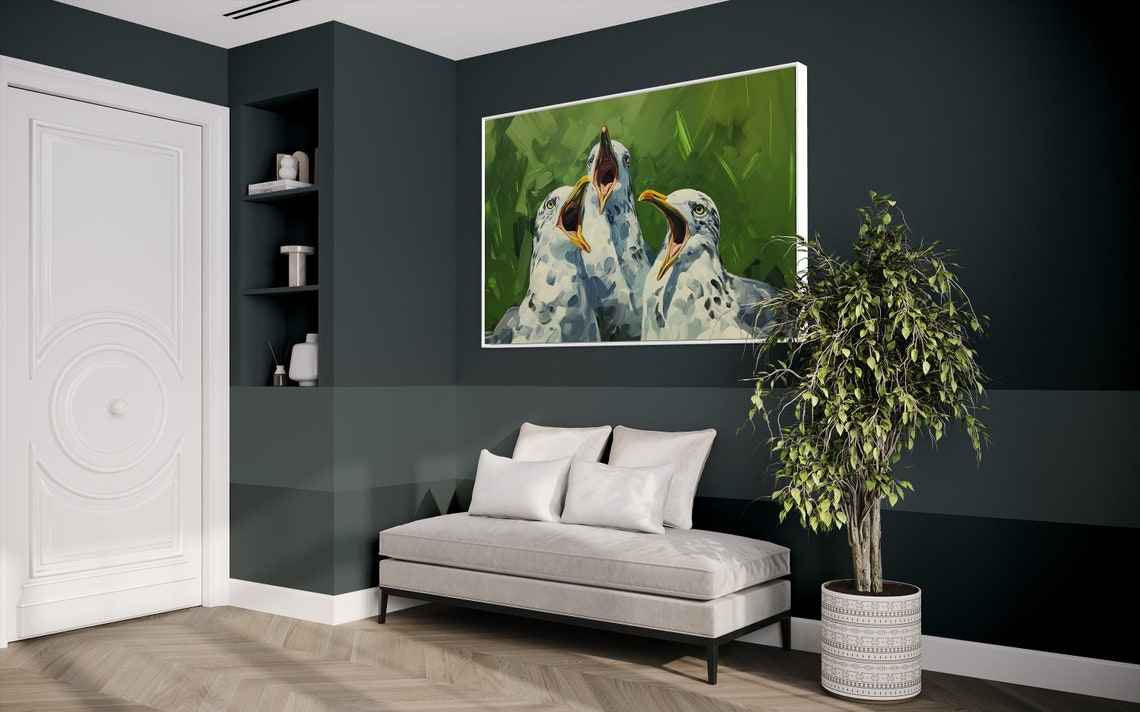 Funny Singing Seagulls Trio Playful Green Coastal Bird Art Print - Image 3
