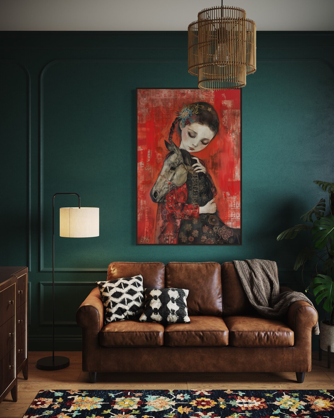 Girl Embracing Horse on Red Folk Art Portrait Vintage Style Poster - Image 2