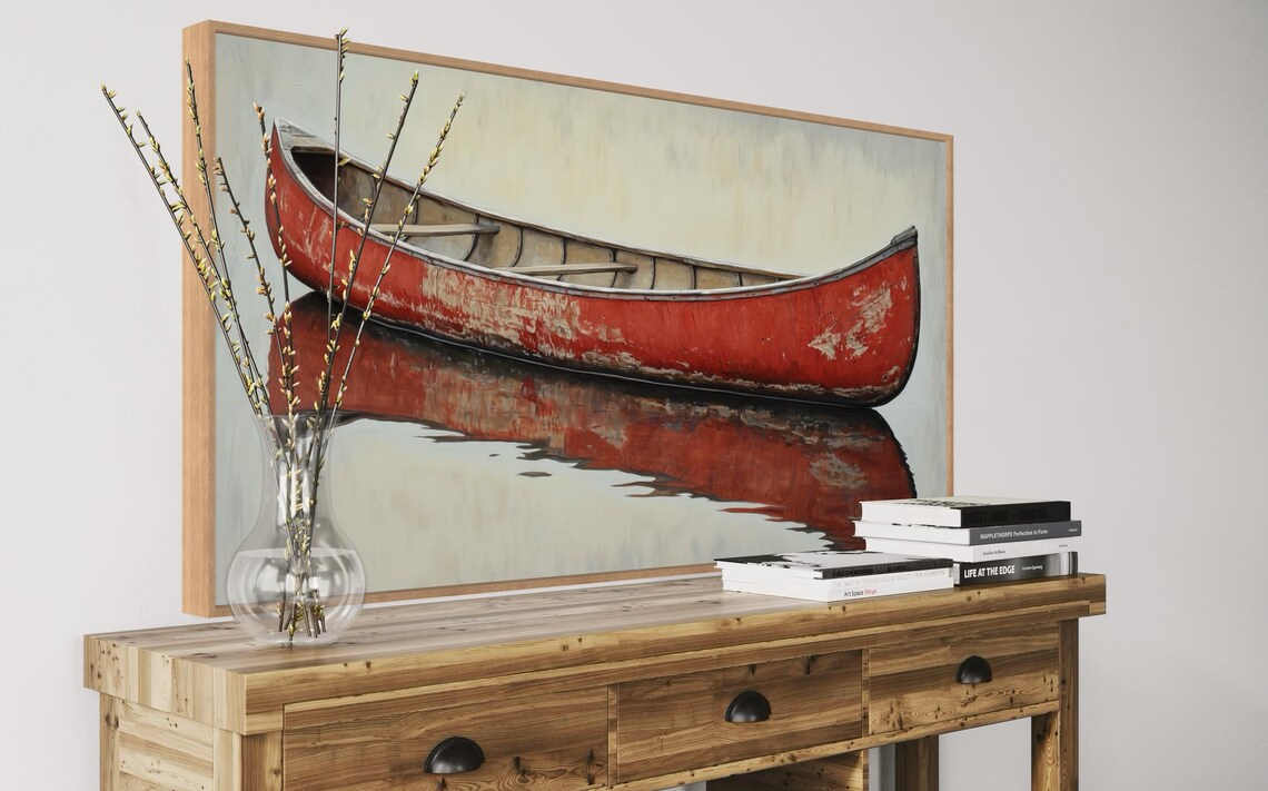 Vintage Red Canoe Rustic Wall Decor Art Print - Image 3