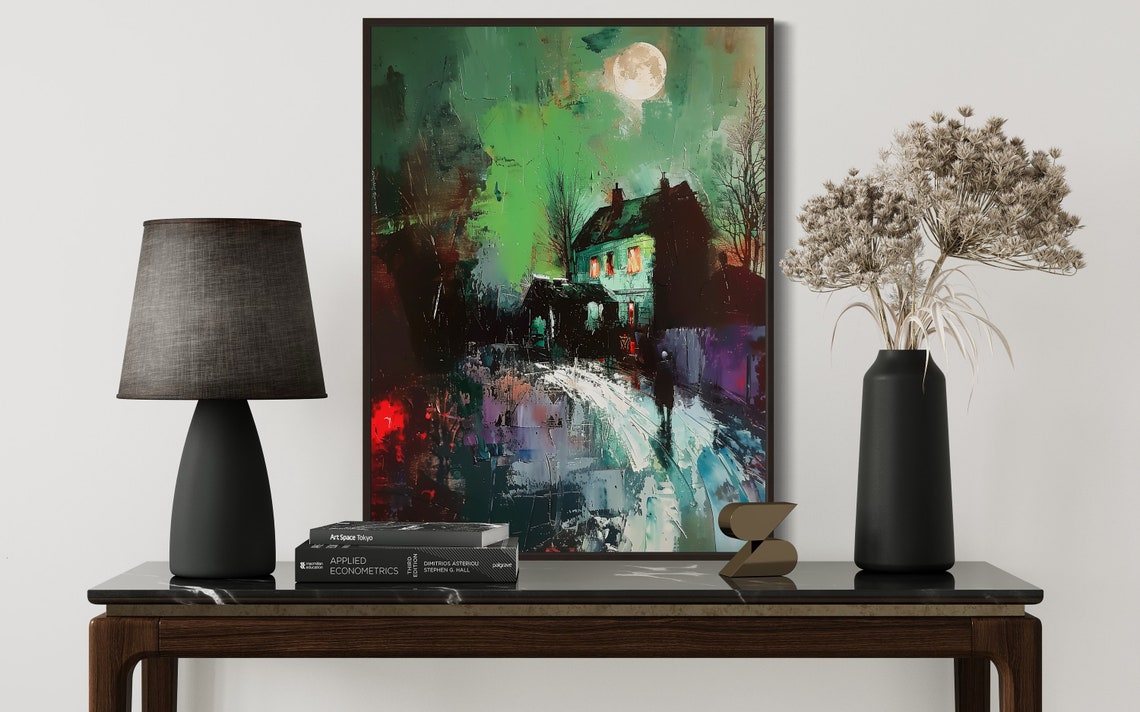 Moonlit Night Street Full Moon Expressionist Moody Urban Wall Art - Image 3