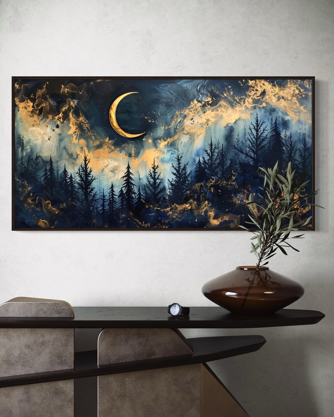 Dreamy Celestial Forest Panorama Starry Night Print And Crescent Moon Art On Navy Blue For Moody Long Narrow Wall Decor - Image 4