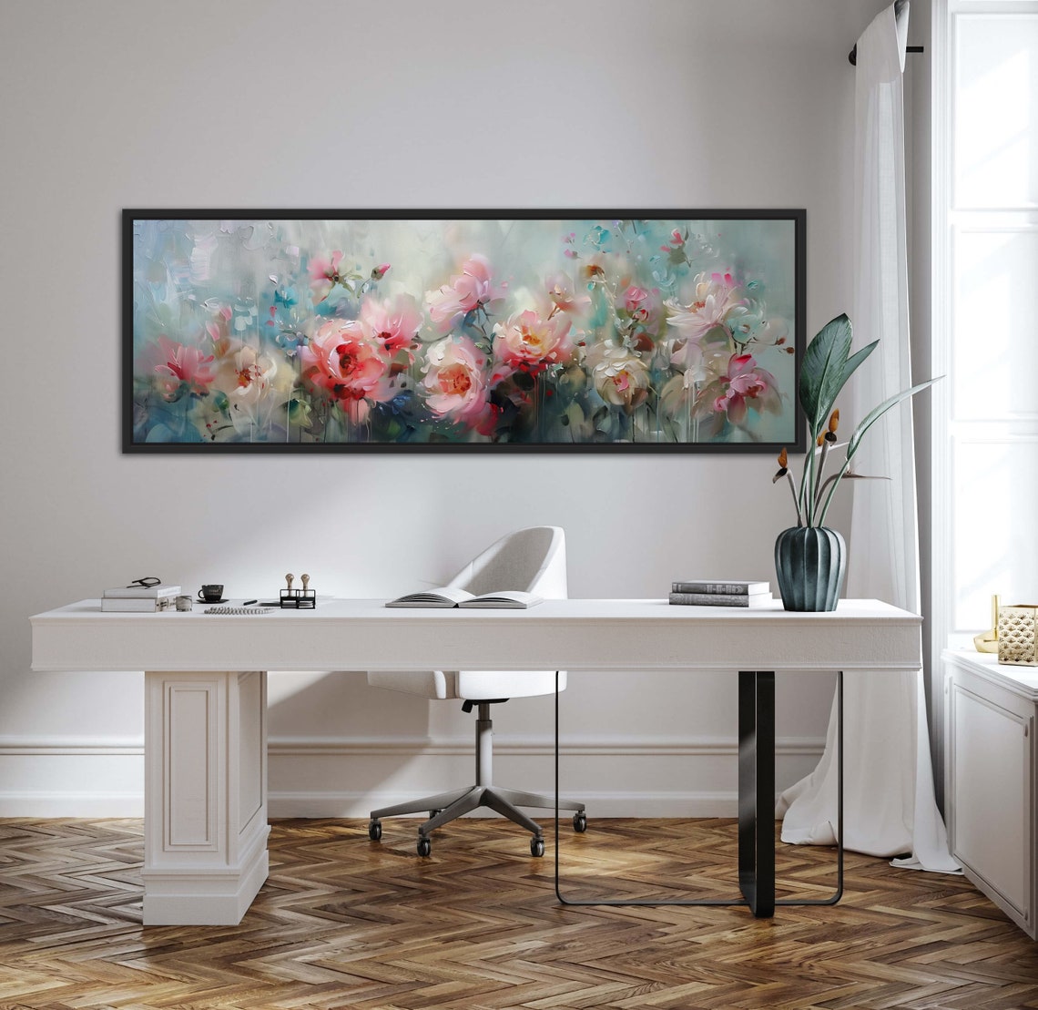 Soft Pink Peony Garden Bloom Panoramic Floral Impressionist Wall Art - Image 2