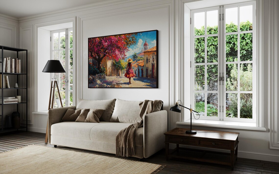Vibrant Mexican Street Bougainvillea Village Woman Walking Art Print - Image 3