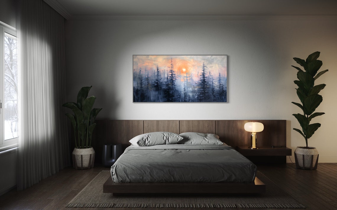 Foggy Pine Forest Sunrise Pastel Panoramic Woodland Wall Art - Image 2