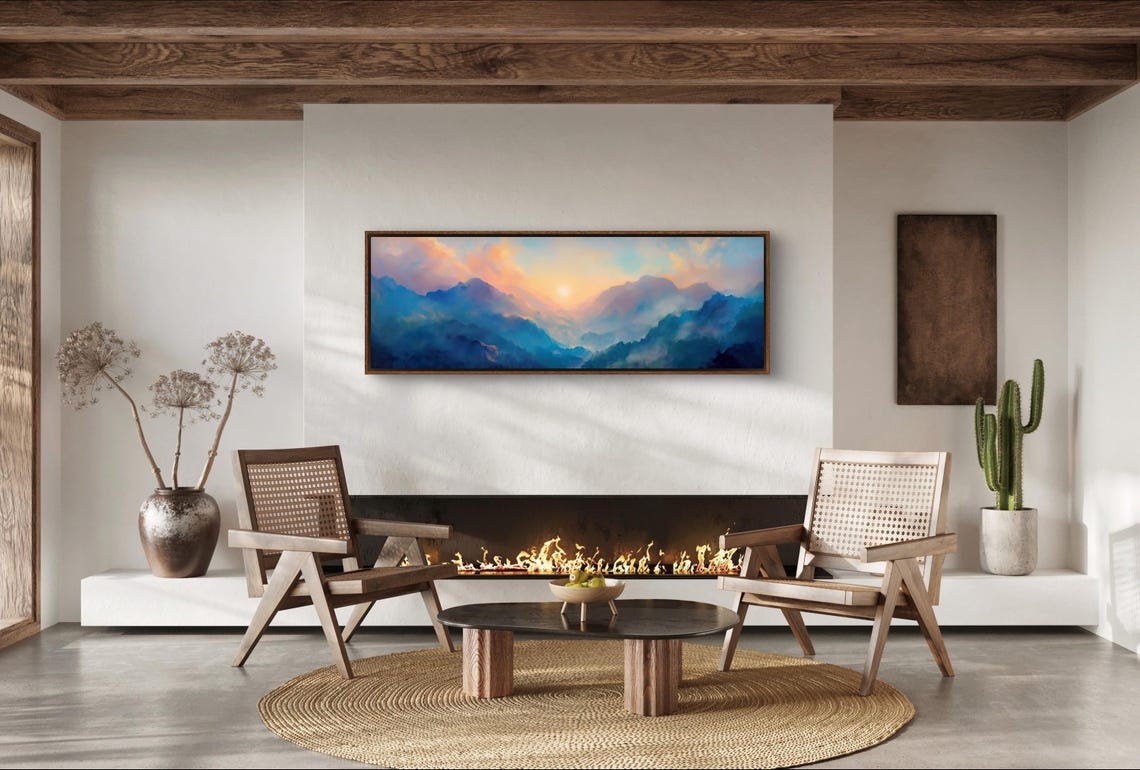 Colorful Sunrise Over Misty Mountains Panoramic Wall Art For Above Bed Or Couch Relaxing Long Narrow Wall Art - Image 3