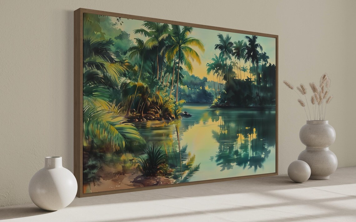 Tropical Jungle Palm Tree River Landscape, Art Print - Image 4