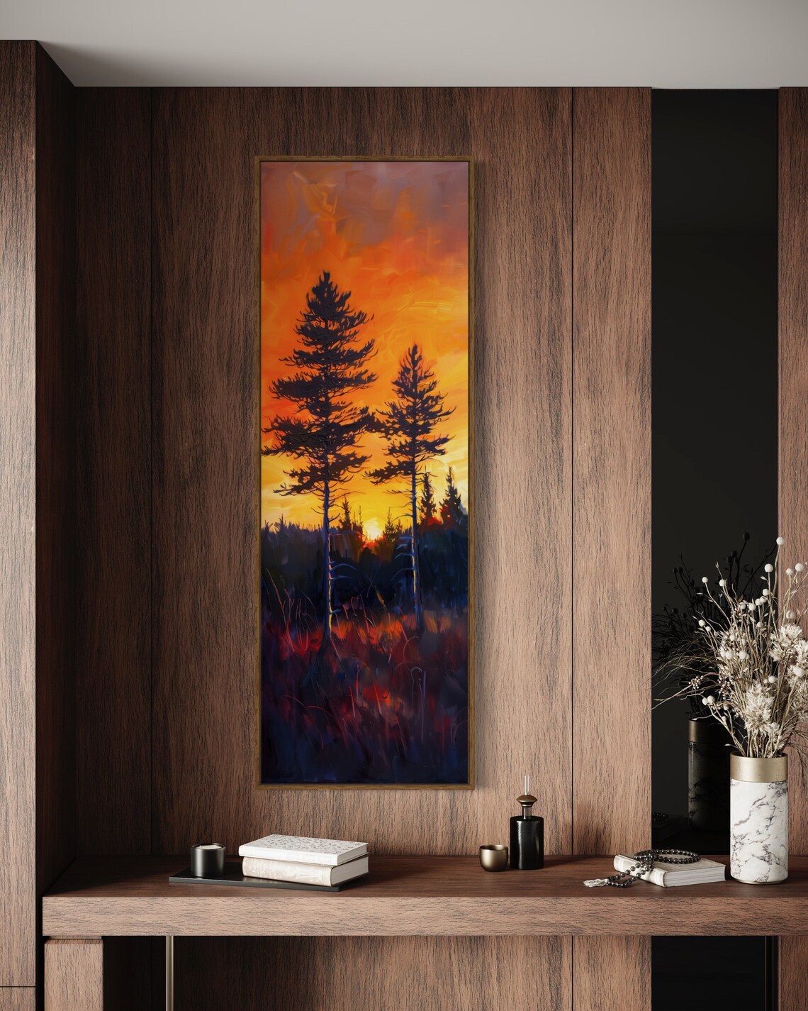Moody Sunset In Pine Tree Forest Long Narrow Wall Art Calming And Dramatic Wilderness Print For Atmospheric Home Decore - Image 2