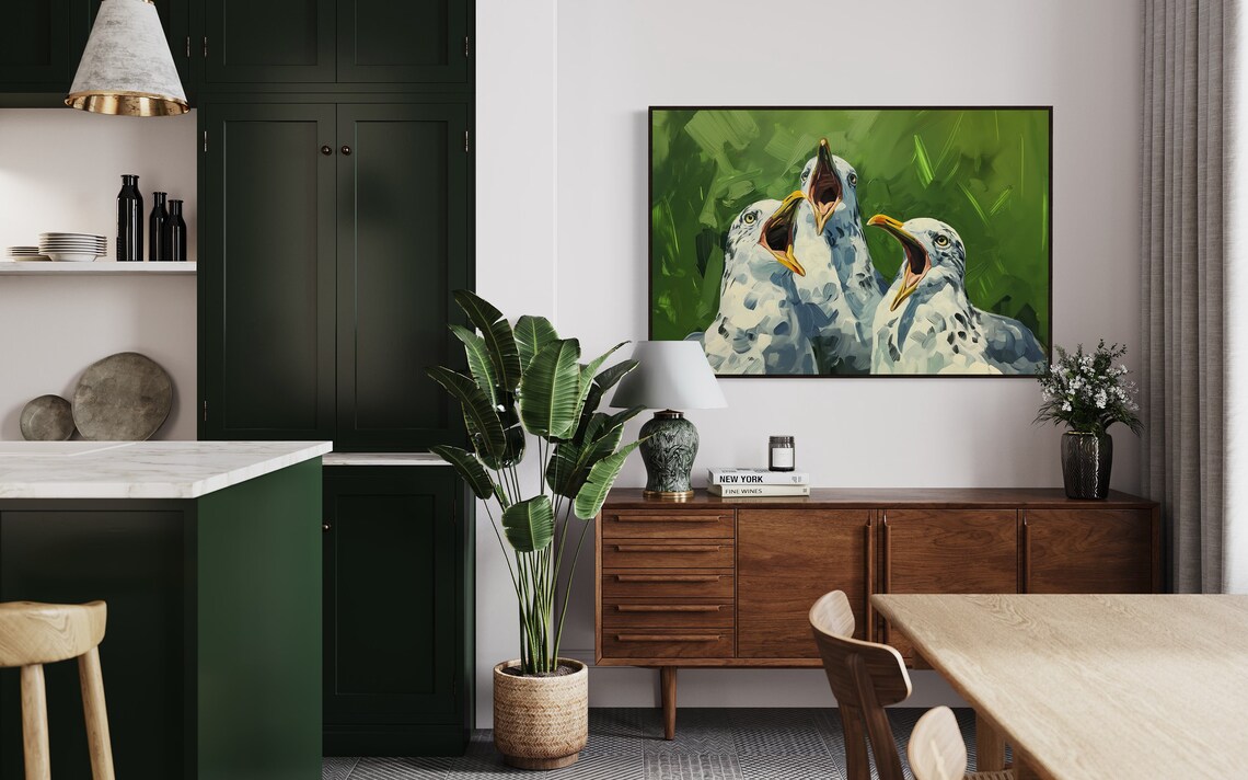Funny Singing Seagulls Trio Playful Green Coastal Bird Art Print - Image 2